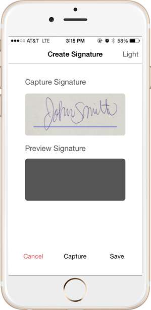 Position your written signature within the rectangle and tap "Capture" to snap a picture.