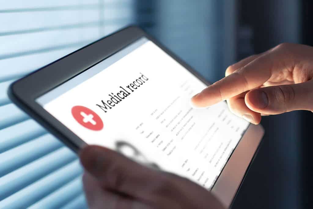 A tablet screen showing a medical record