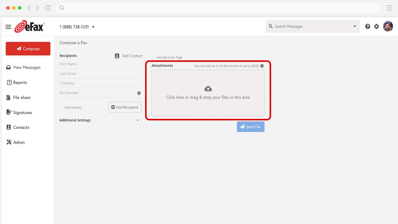 Attach documents to your fax before sending via eFax