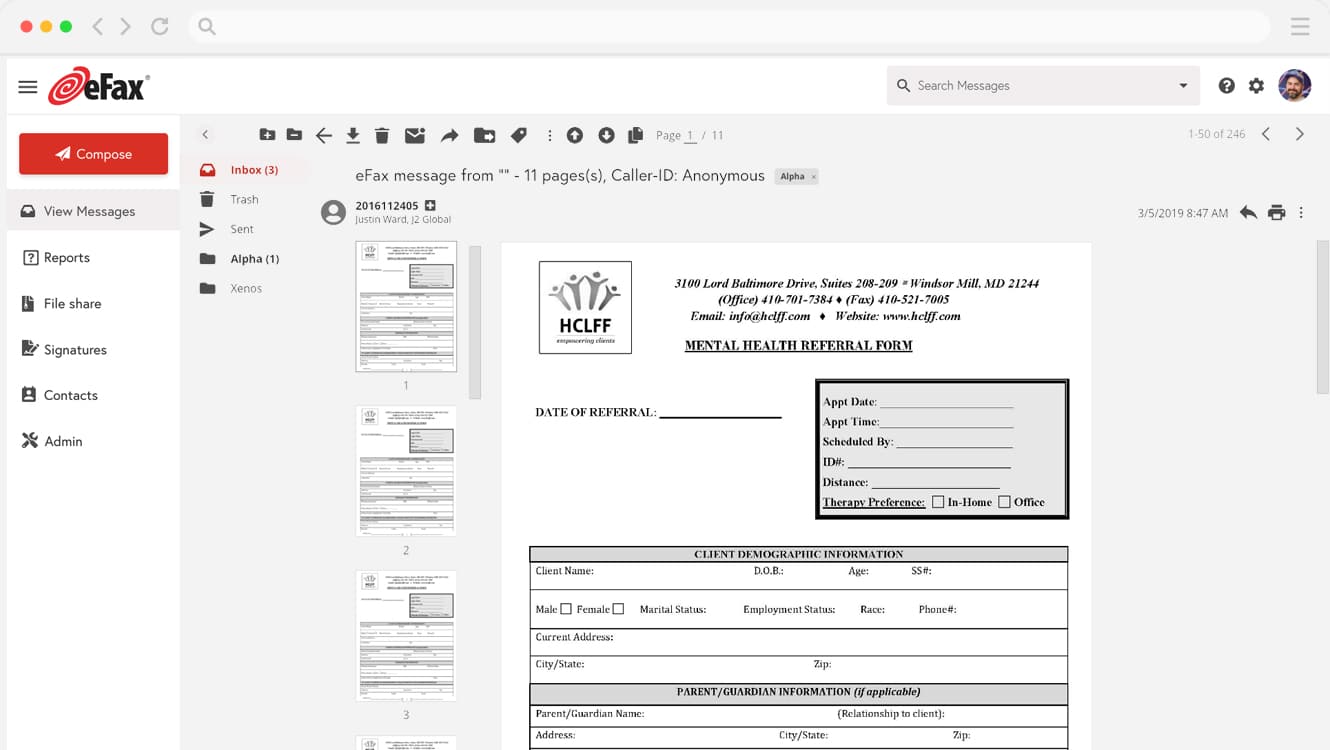eFax interface displaying a received fax document