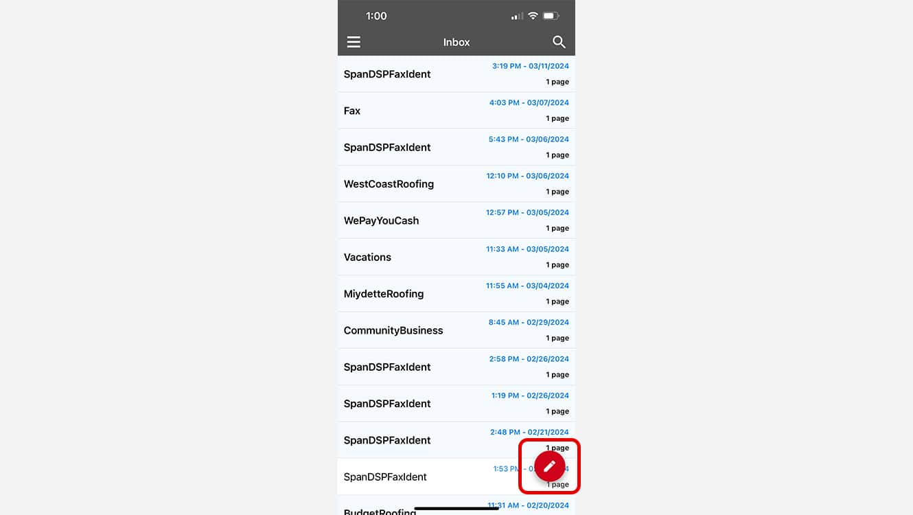 eFax app interface for creating a new fax