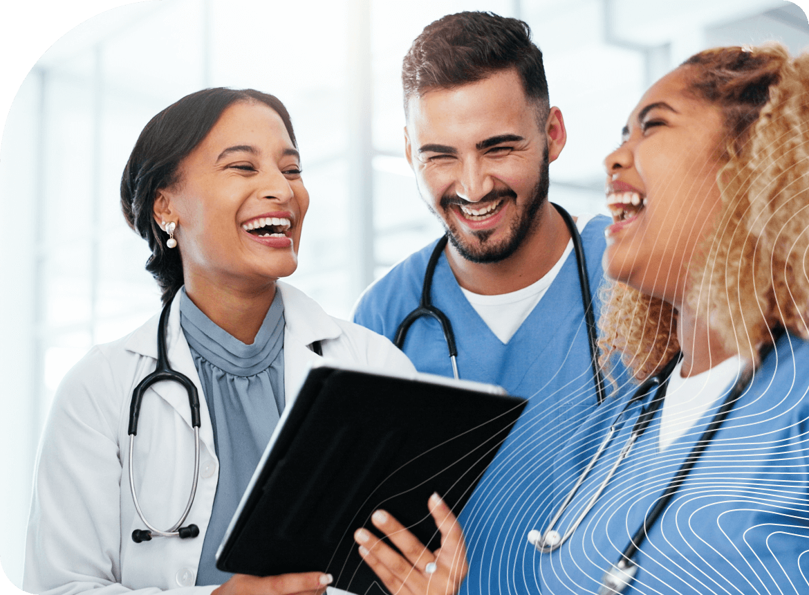 doctor tablet group laughing