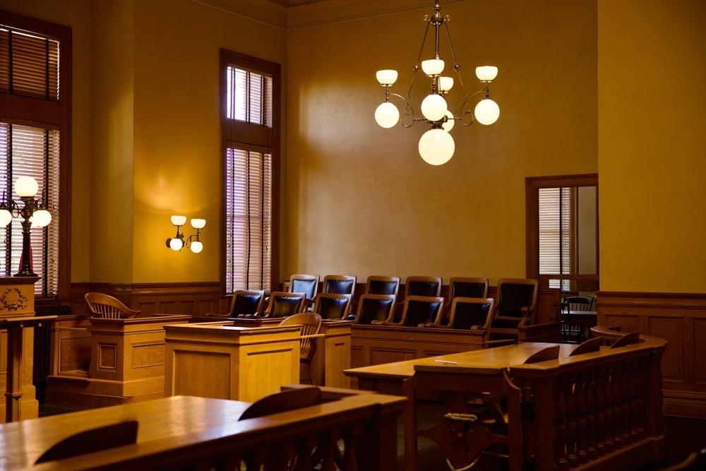 Vintage,Courtroom,Interior,With,Witness,Stand