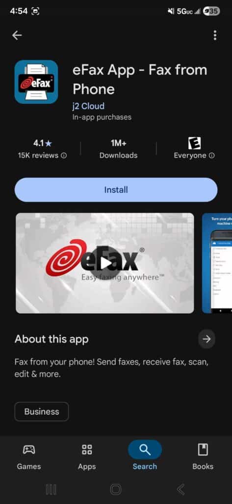 Screenshot of the eFax Android App Store Page