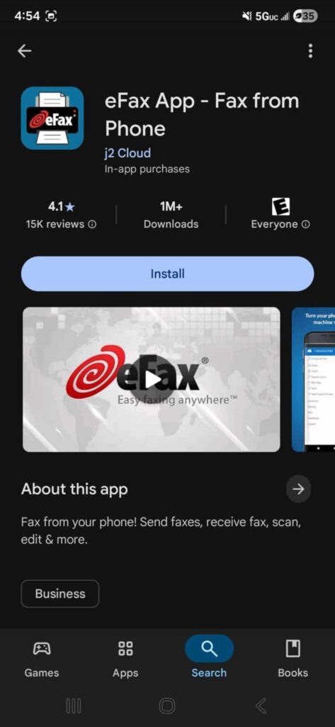 Screenshot of the eFax Android App Store Page