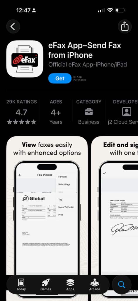 Screenshot of the eFax iOs App Store Page