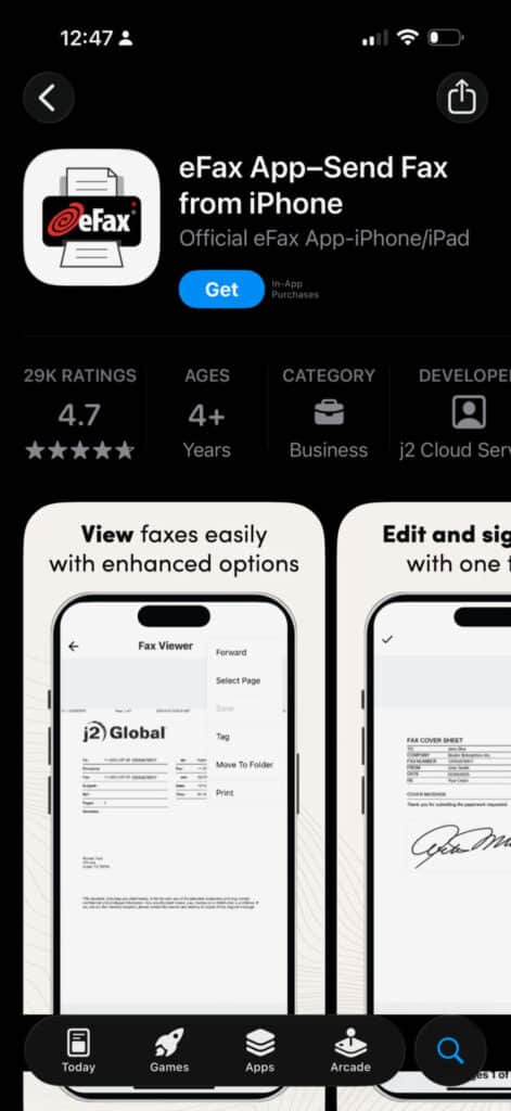 Screenshot of the eFax iOs App Store Page