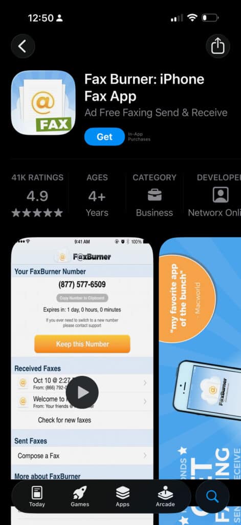 Screenshot of the Fax Burner iOs App Store Page