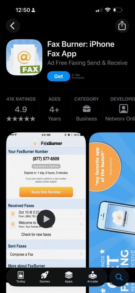 Screenshot of the Fax Burner iOs App Store Page