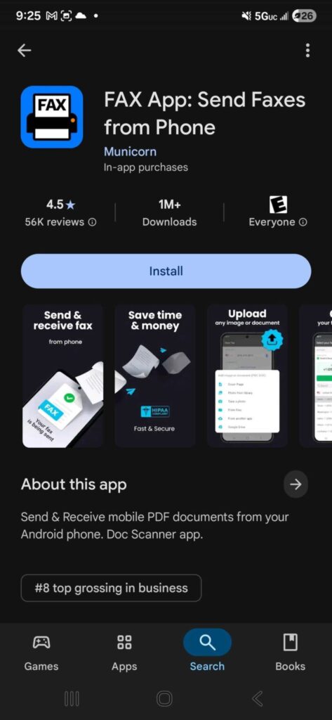Screenshot of the Fax App by Municorn Android App Store Page