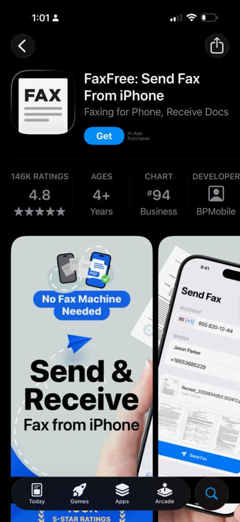 Screenshot of the FaxFree iOs App Store Page