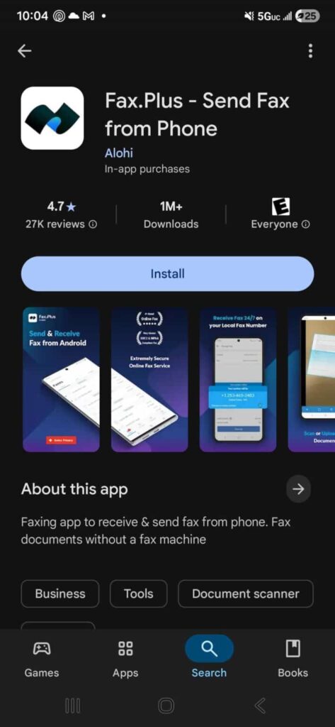 Screenshot of the Fax.Plus Android App Store Page