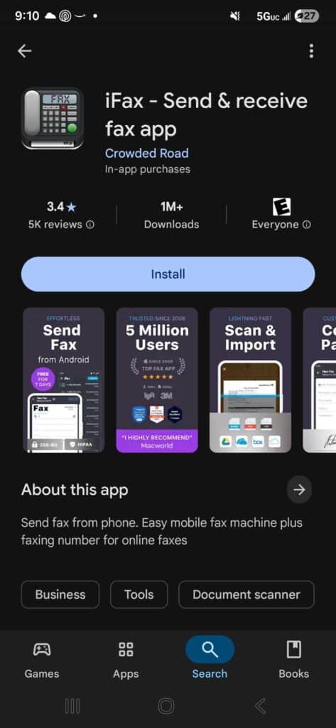 Screenshot of the iFax Android App Store Page