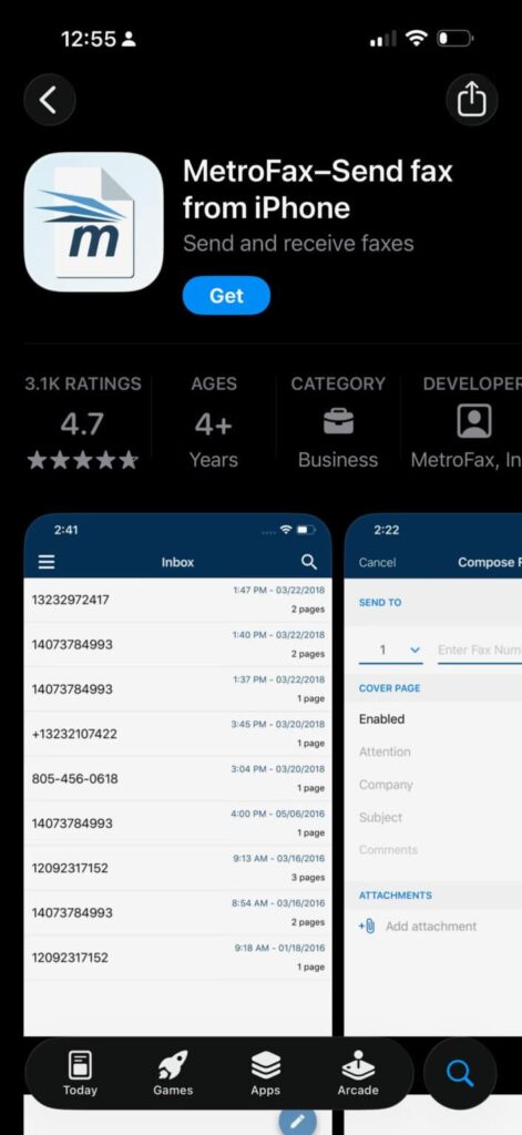 Screenshot of the Metrofax iOs App Store Page