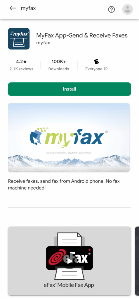 Screenshot of the MyFax Android App Store Page