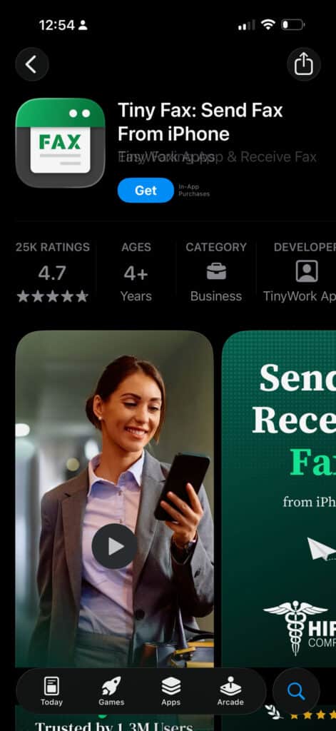 Screenshot of the Tiny Fax iOs App Store Page
