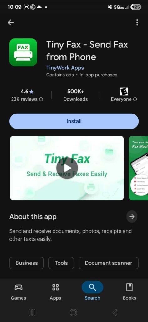 Screenshot of the Tiny Fax Android App Store Page