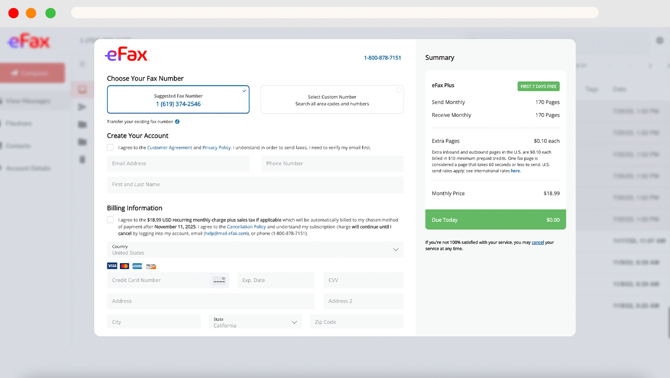 screen shot of the eFax sign up funnel for an online fax free trial account