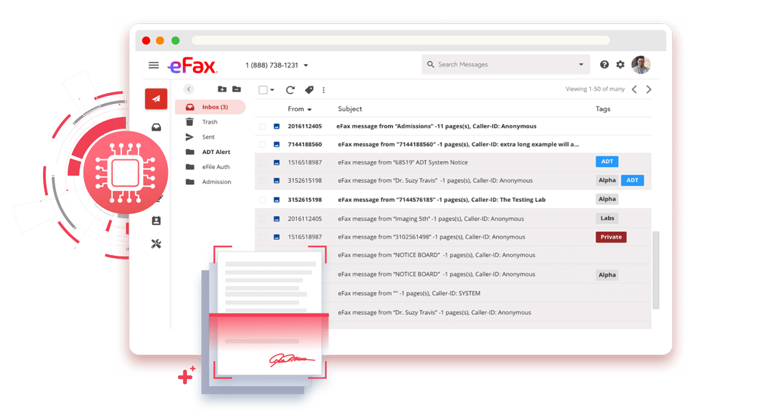 Graphic representing eFax AI-powered fax intelligence for automating and structuring clinical data.