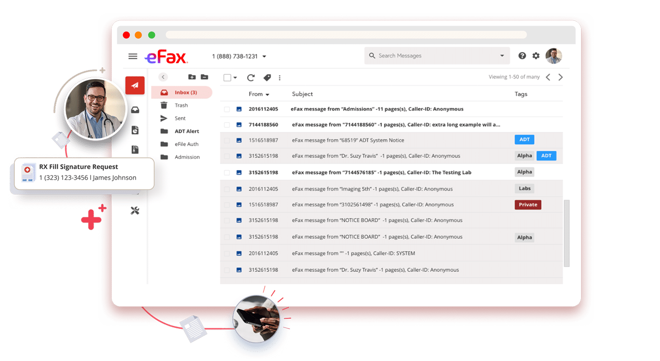 Email inbox displaying an online fax, showing how eFax enables secure sending and receiving of faxes.