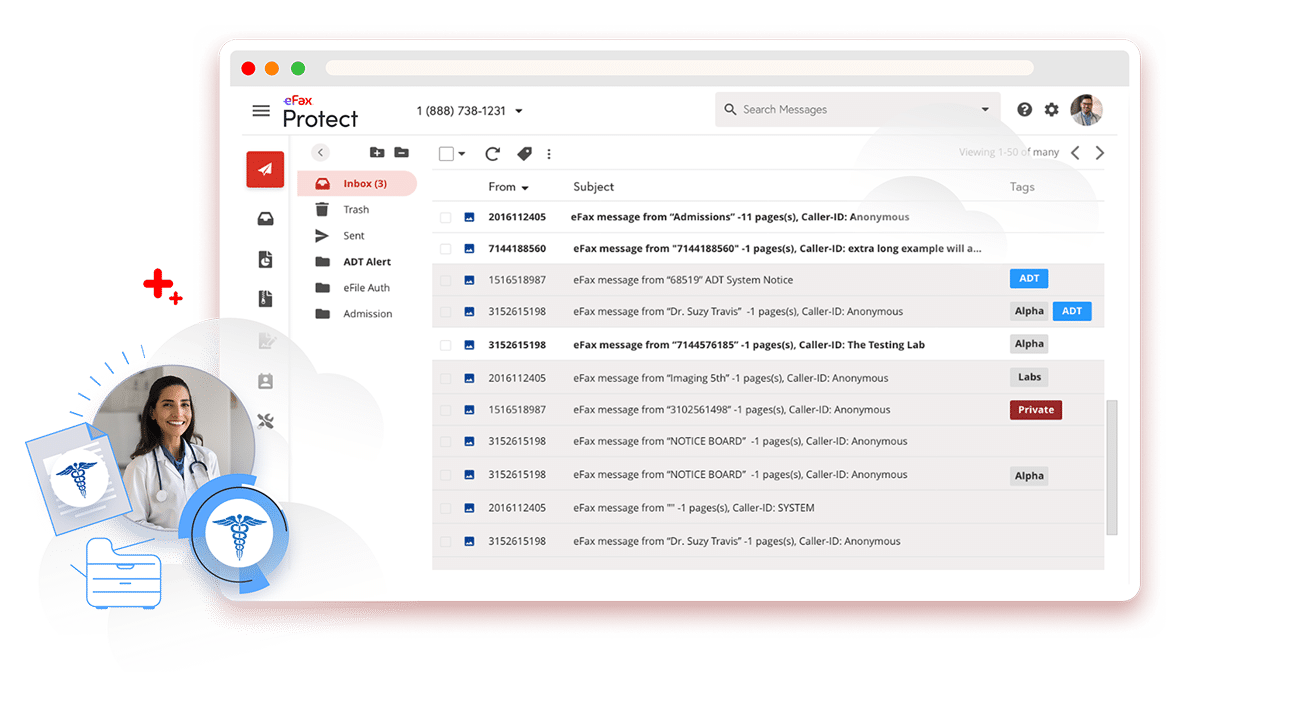 Healthcare provider’s email inbox showing HIPAA-compliant faxes received securely via eFax.