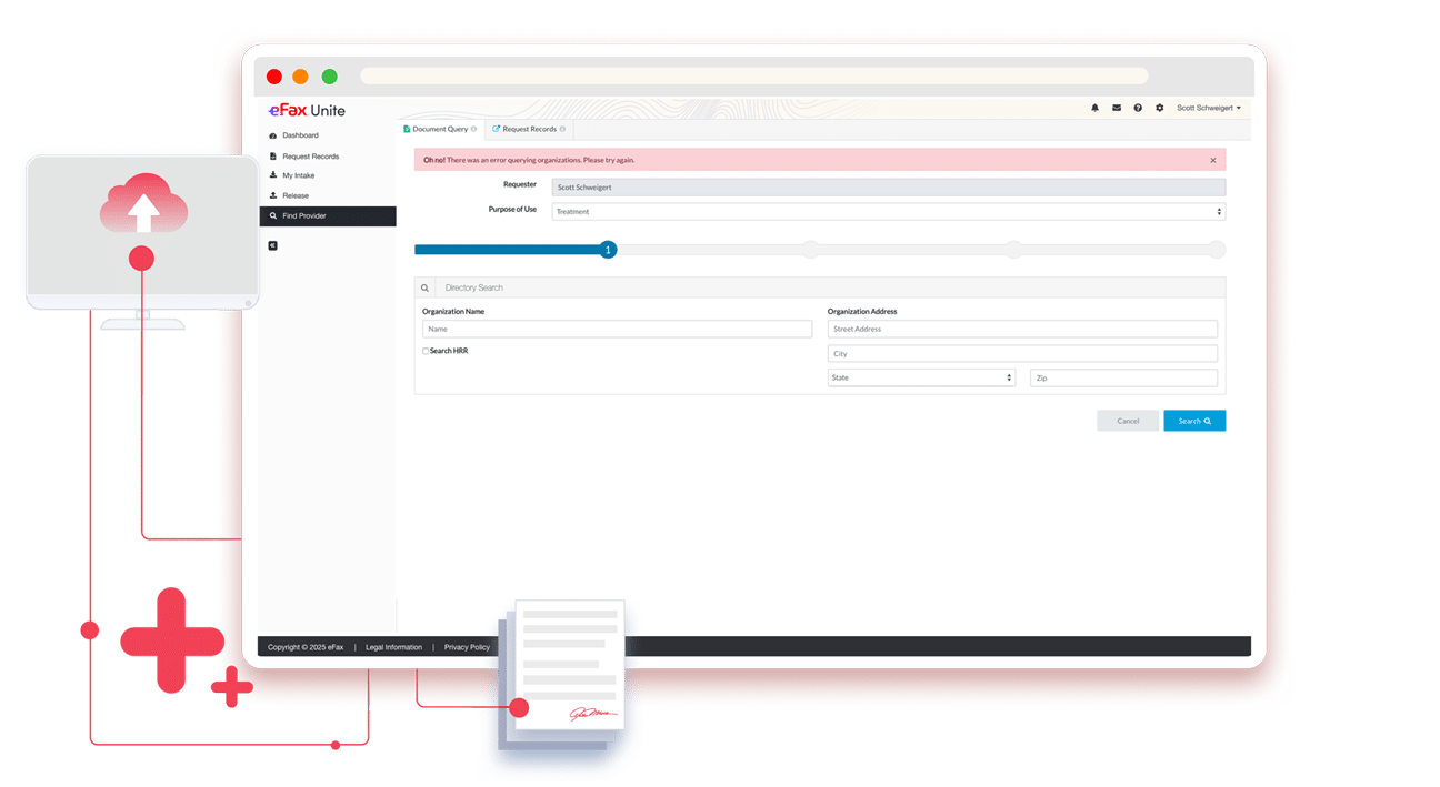 Healthcare provider’s email inbox showing HIPAA-compliant faxes received securely via eFax.