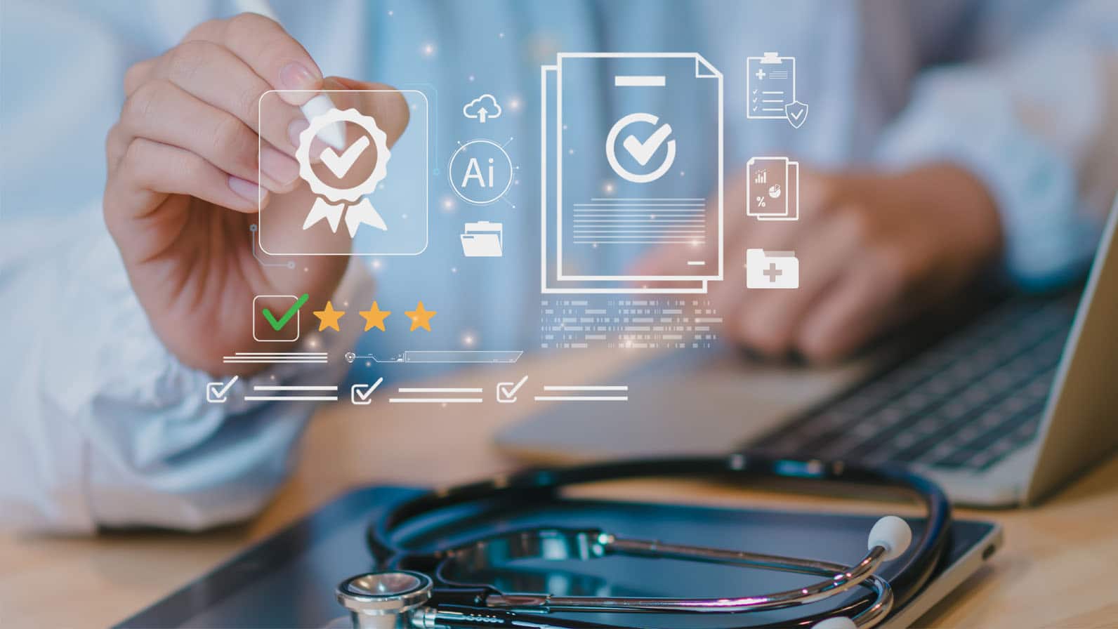 Medical clinician at laptop with stethoscope holding pen pointing at healthcare data integration with ai.