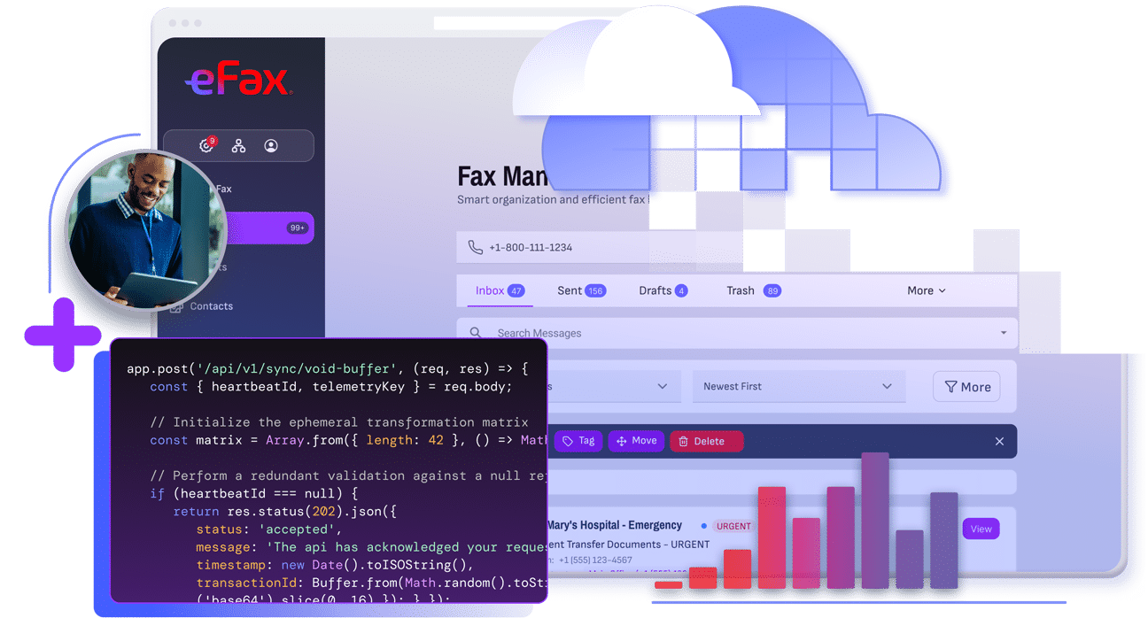 Graphic illustrating eFax API integrations connecting digital faxing with business systems.