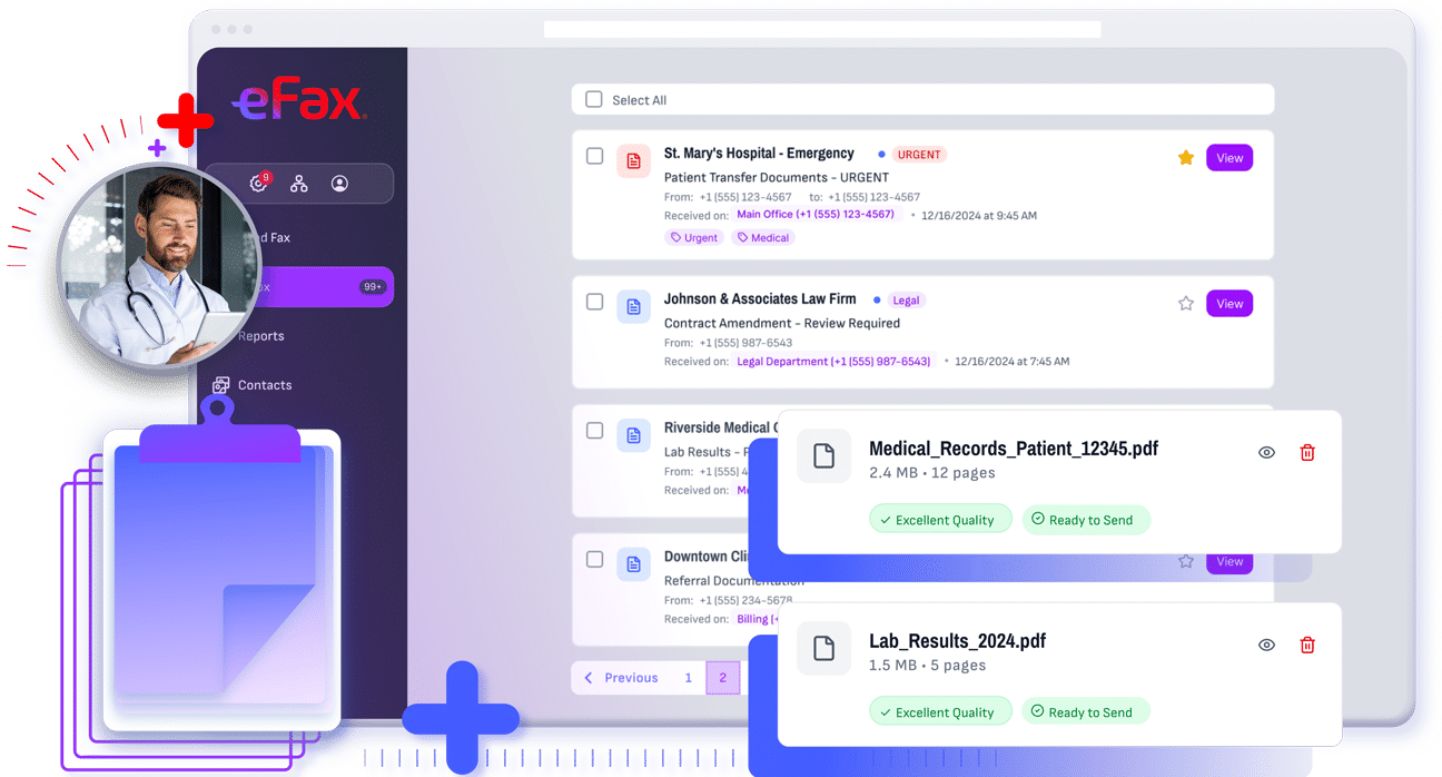 Illustration of eFax Clarity Clinical Documentation, AI-driven fax solution for automating and organizing clinical data.