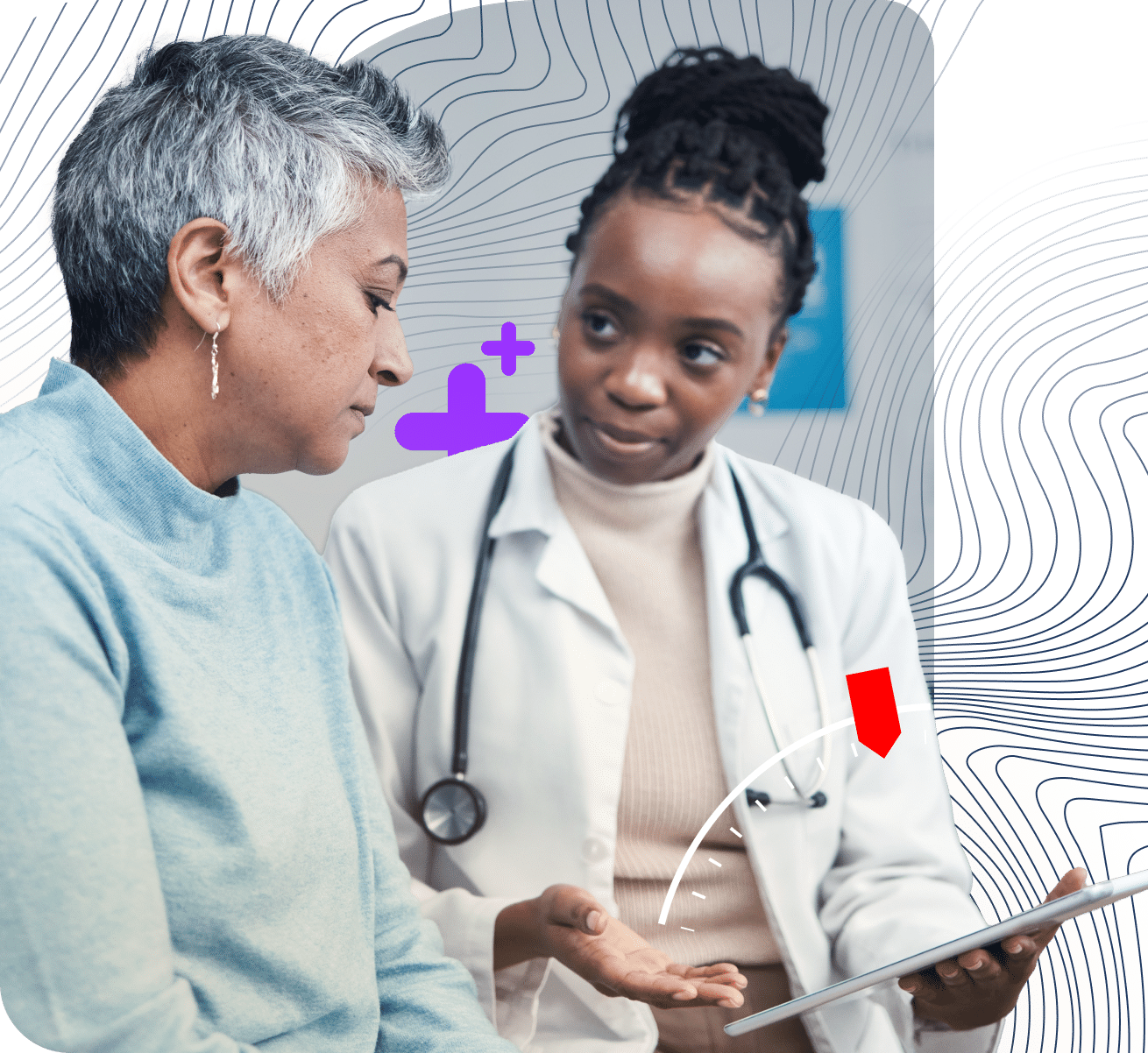 Doctor with patient using eFax Unite™ to securely share and manage healthcare information across systems.