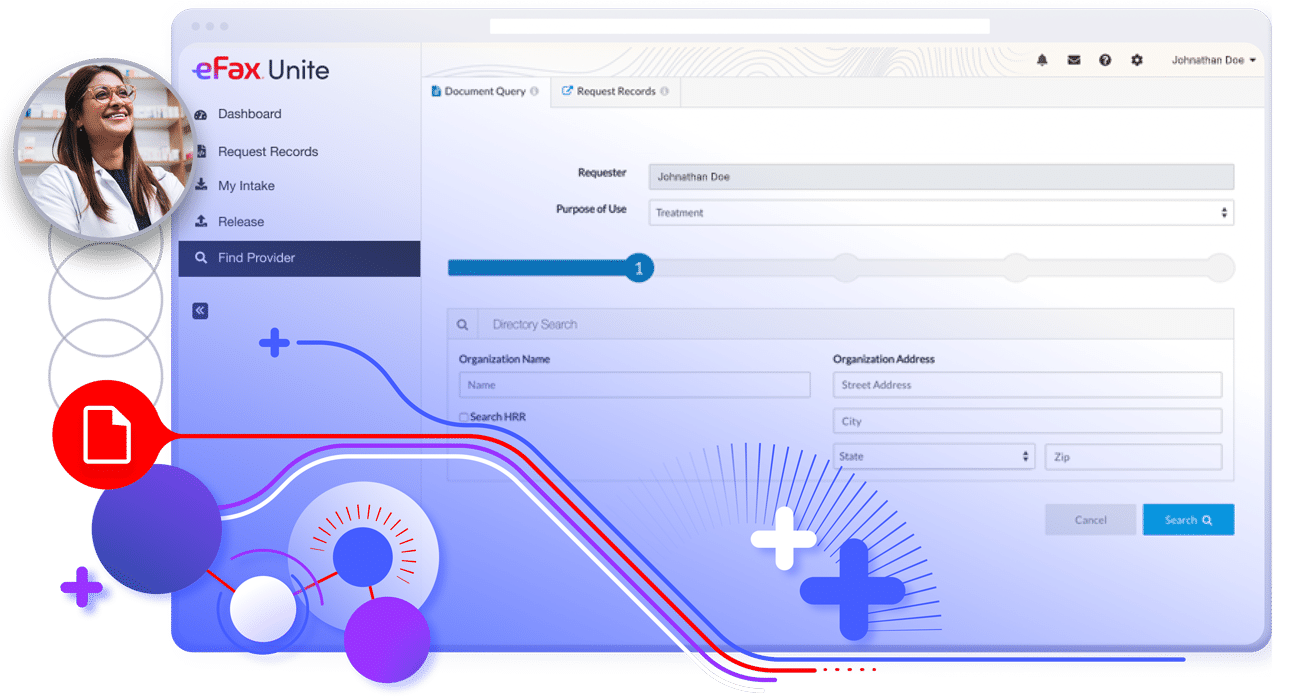 Graphic showing eFax Unite dashboard for secure, interoperable healthcare fax and data management.