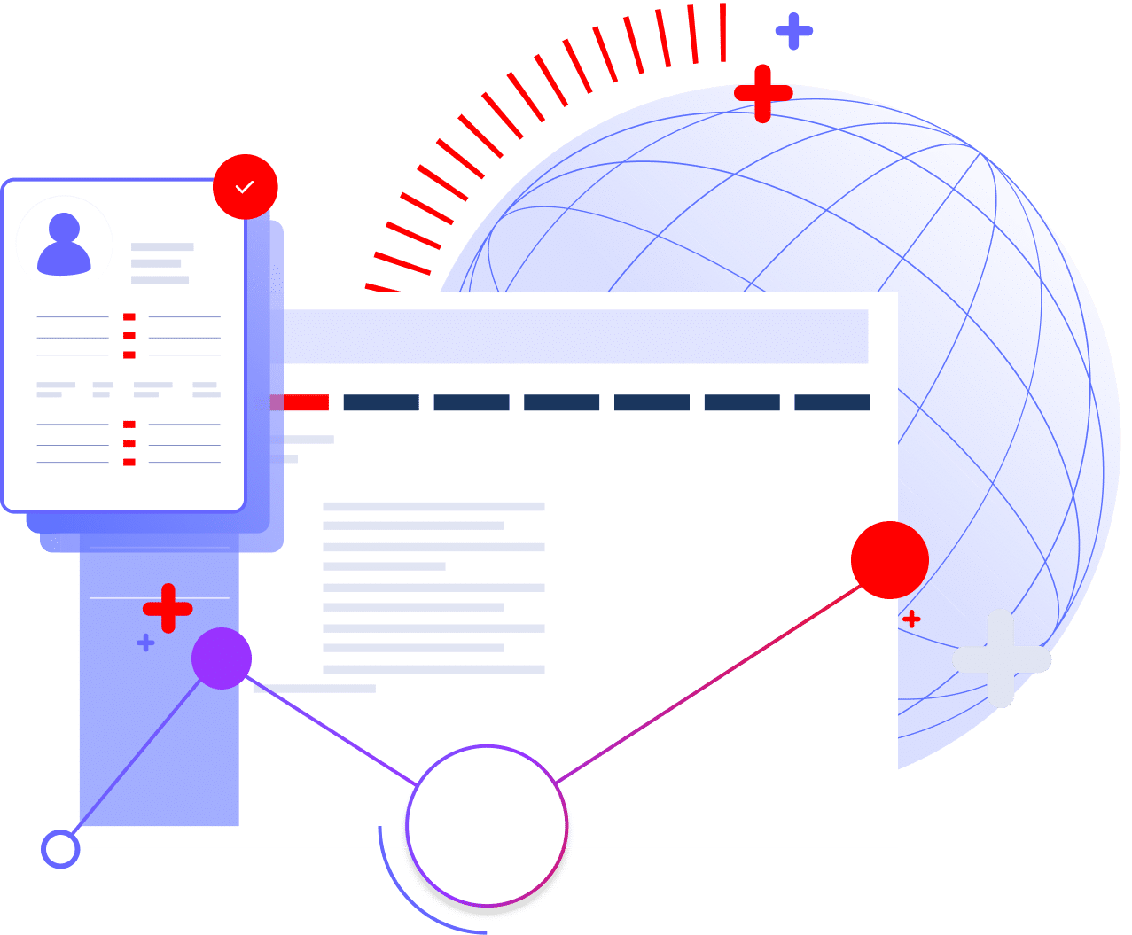 Digital graphic illustrating global data, user profiles, and web analytics.