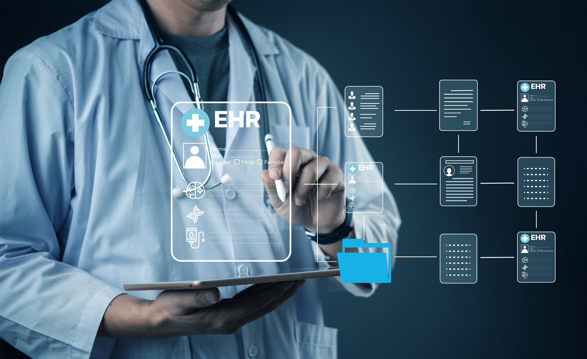 Healthcare professional holding tablet with digital data illustrative overlays