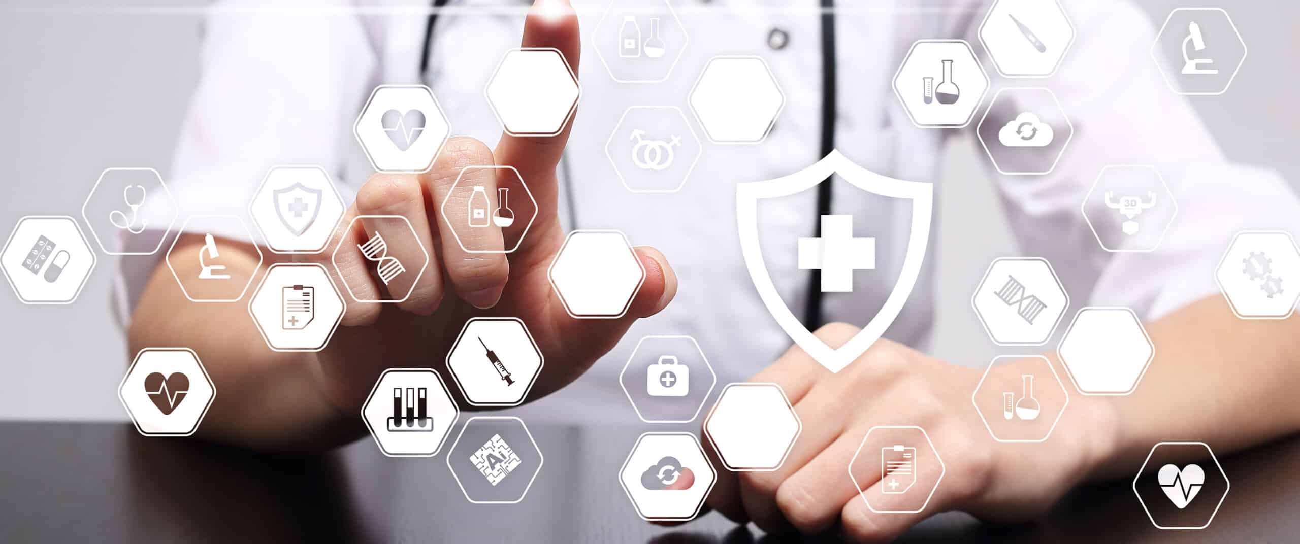 A healthcare professional interacting with a digital interface of hexagonal medical icons, featuring a prominent shield with a cross symbol.