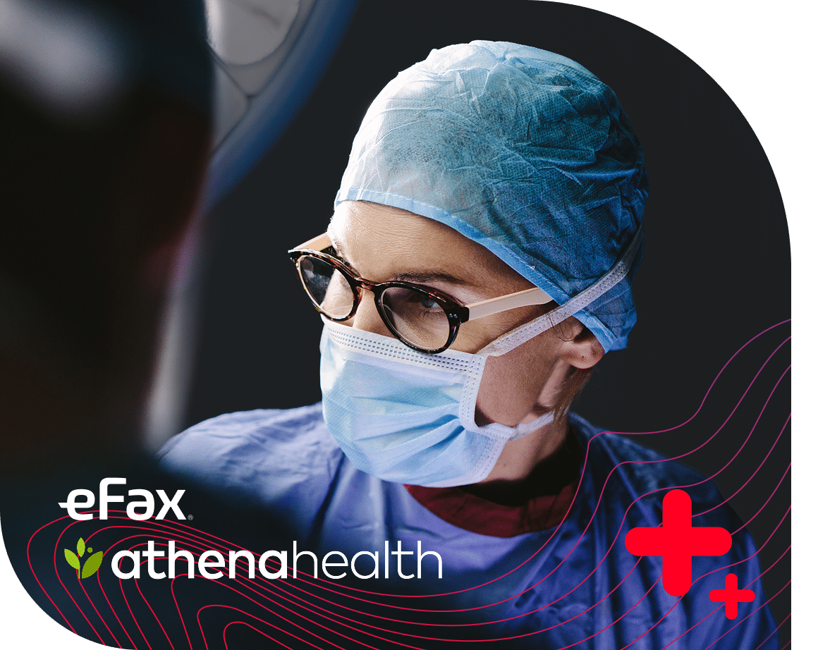 Healthcare worker wearing a surgical cap and mask, with eFax and athenahealth logos.