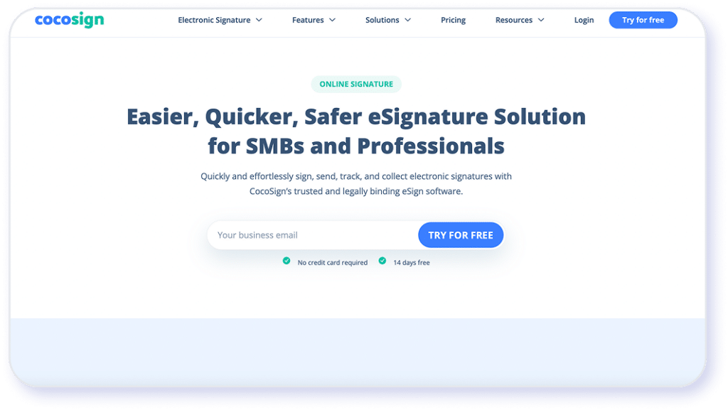 Screenshot of the CocoSign landing page