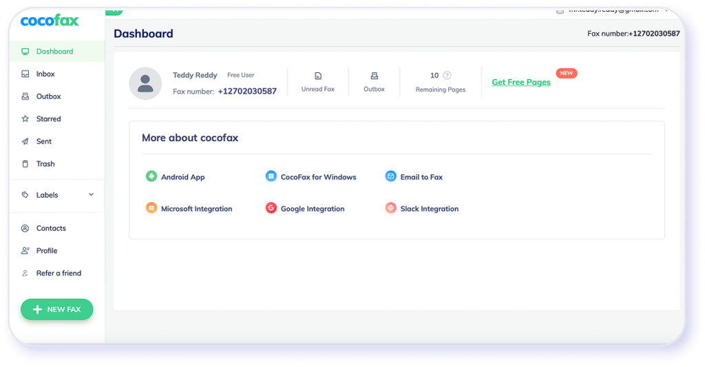 Screenshot of the CocoFax dashboard