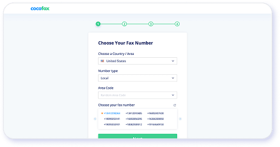 Screenshot of CocoFax number selection page