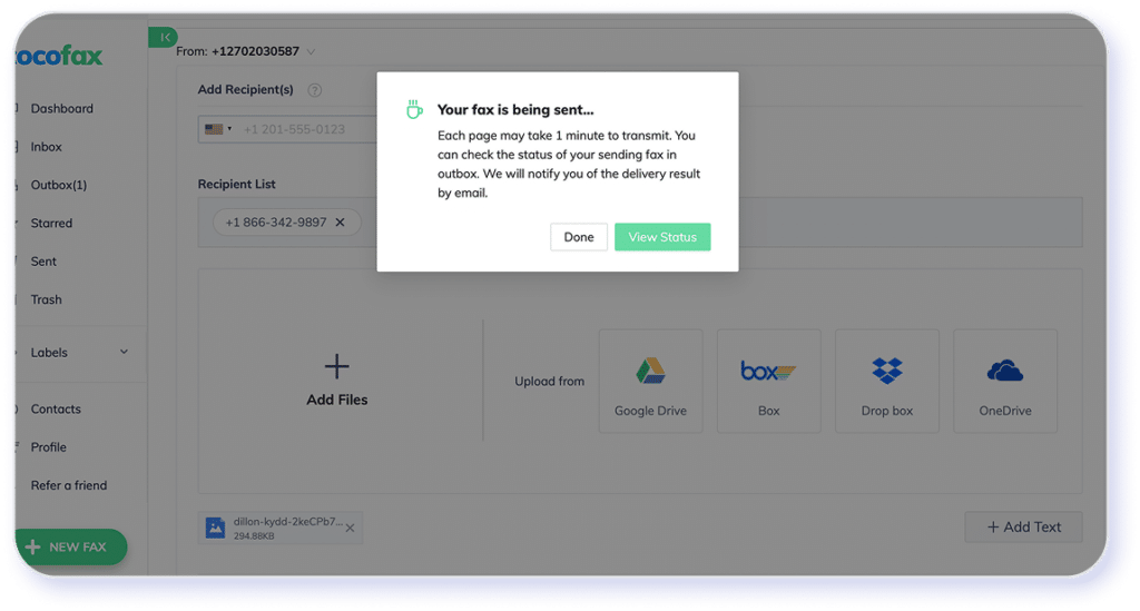 Screenshot of CocoFax fax being sent
