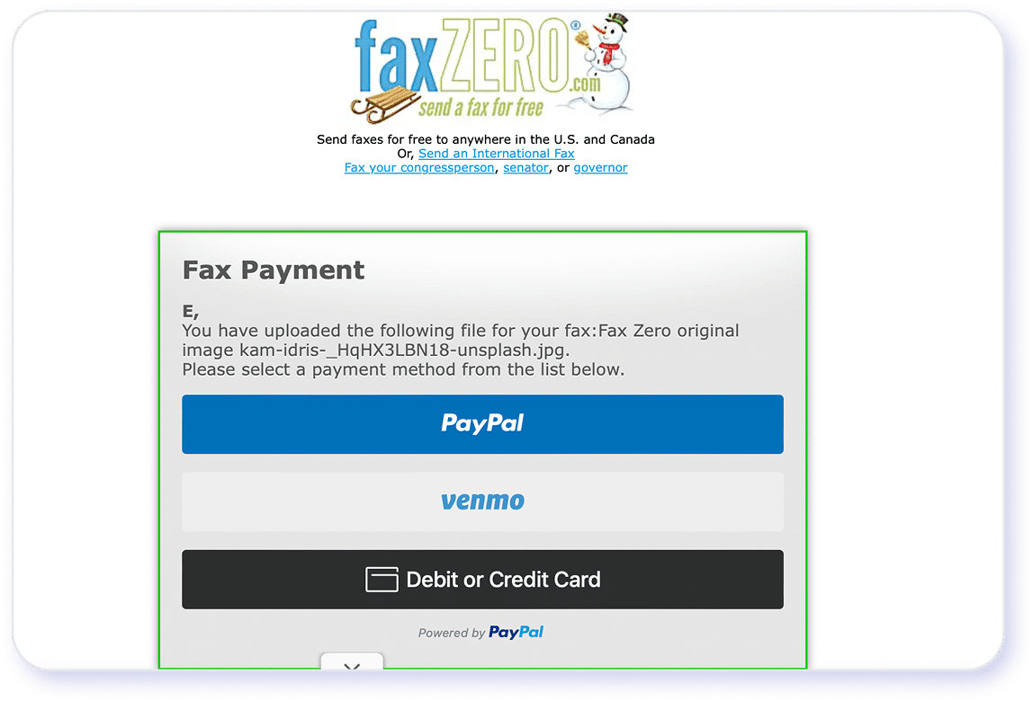 Screenshot of FaxZero fax payment confirmation