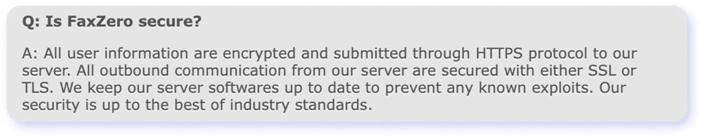 Screenshot of FaxZero security question and answer