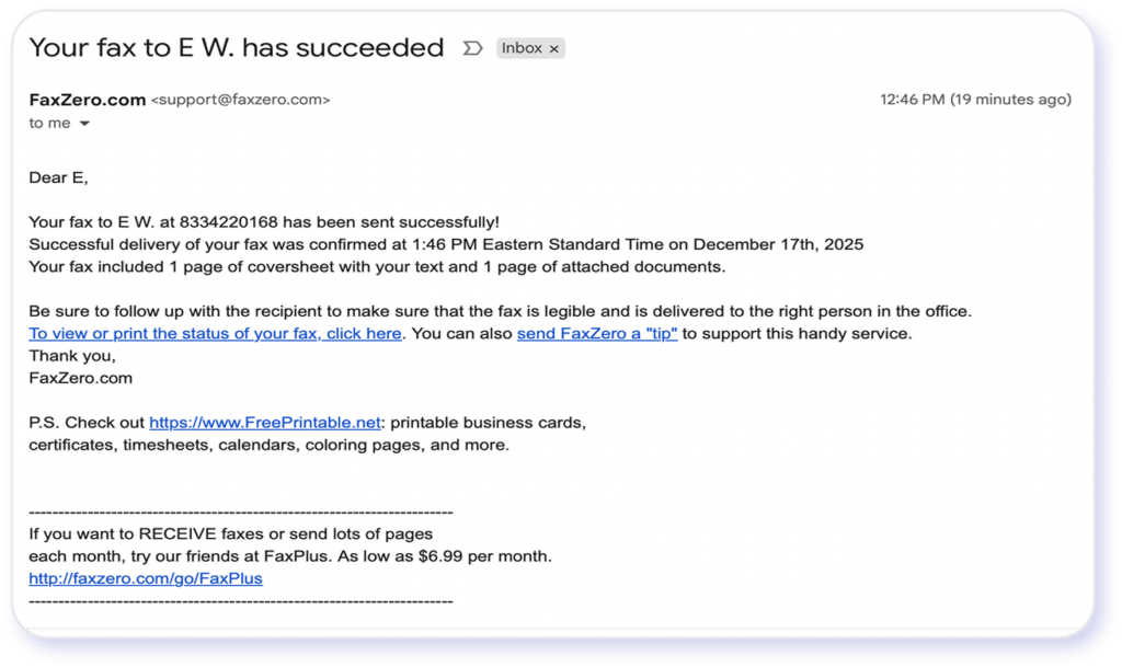 Screenshot of FaxZero send fax confirmation