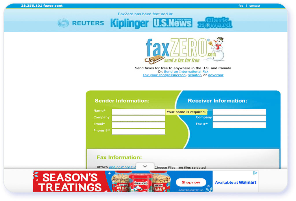Screenshot of FaxZero send and recieve interface