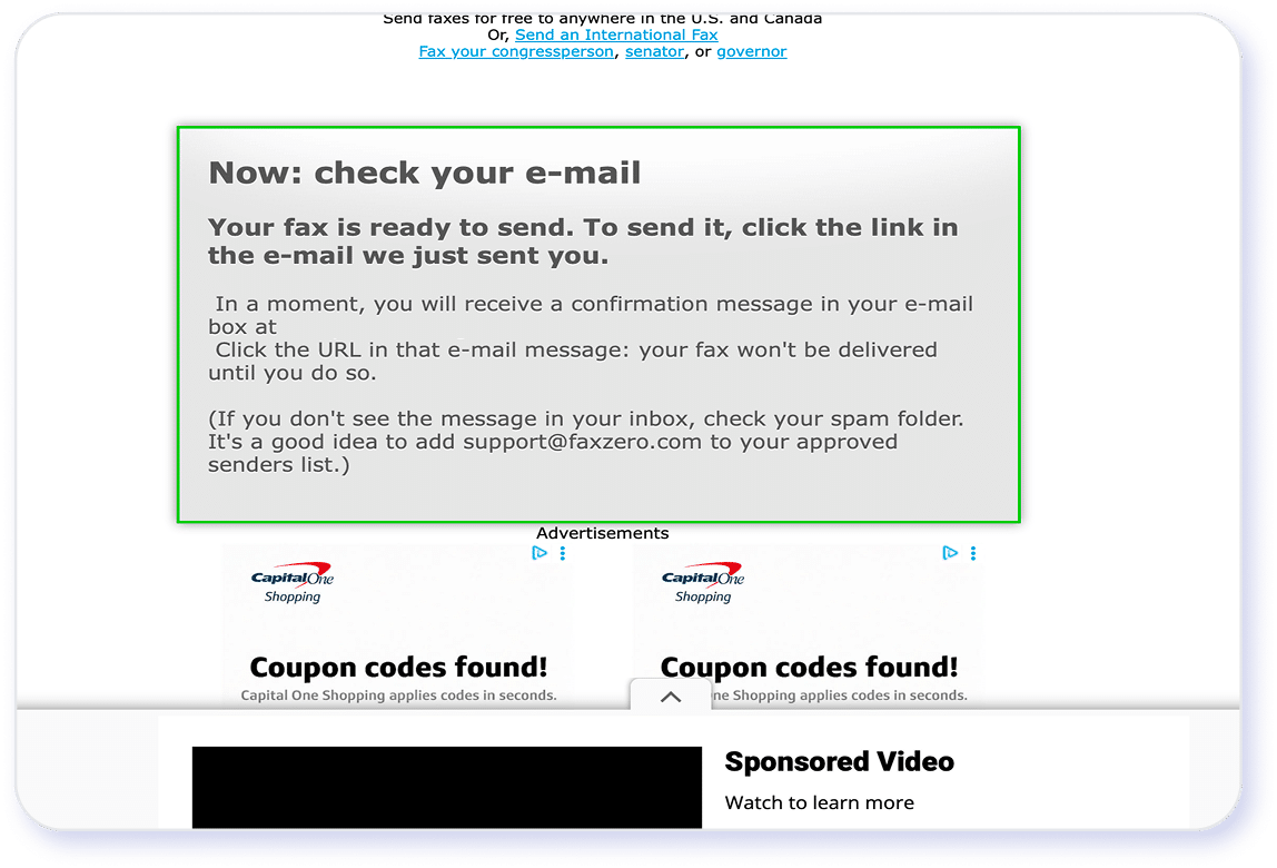 Screenshot of FaxZero recieved fax email confirmation