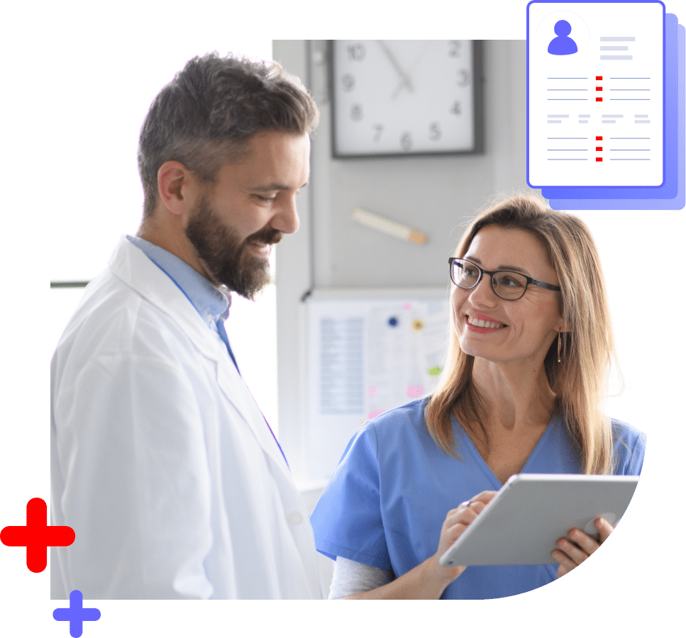 Graphic showing a doctor and nursing going over a chart