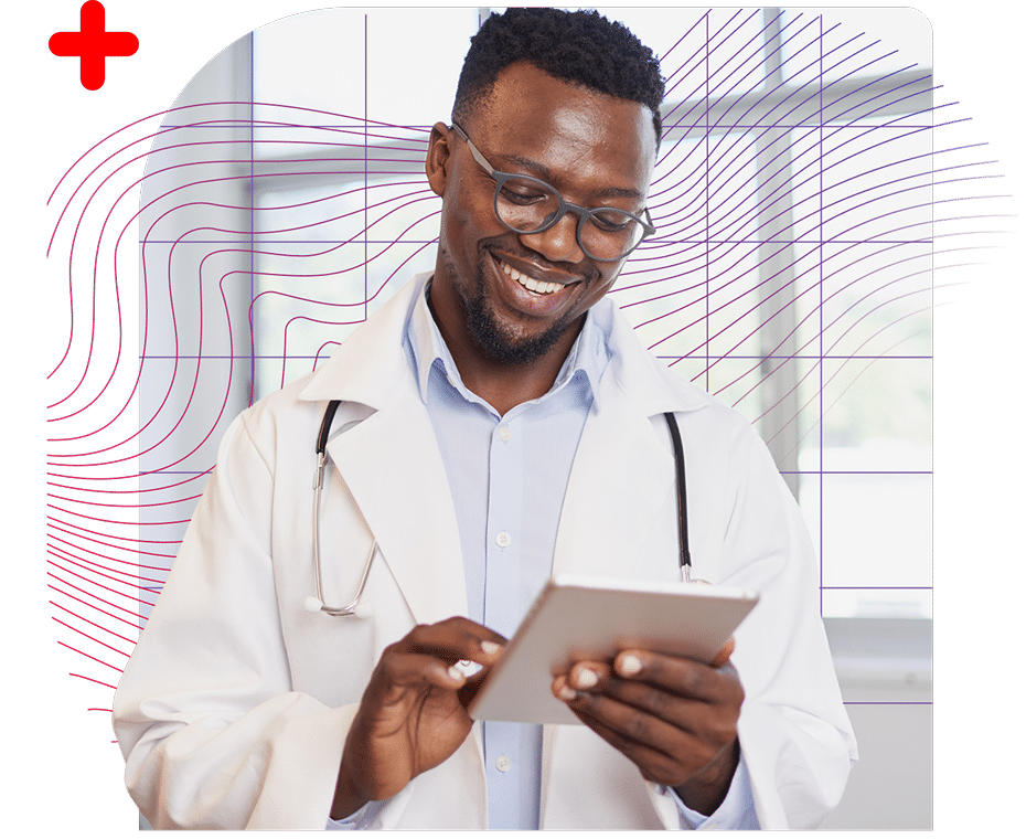 Graphic showing a smiling doctor with tablet