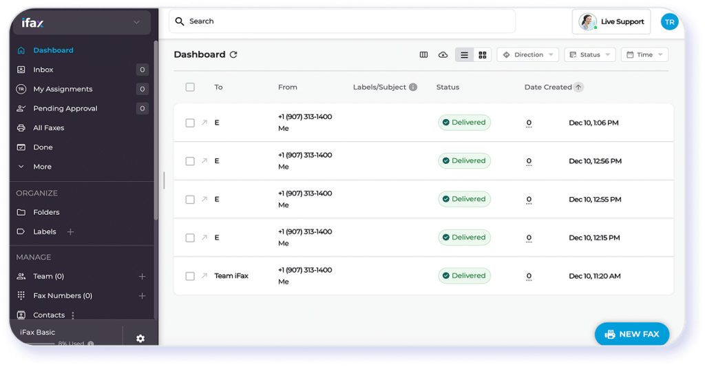 iFax screenshot showing the dashboard