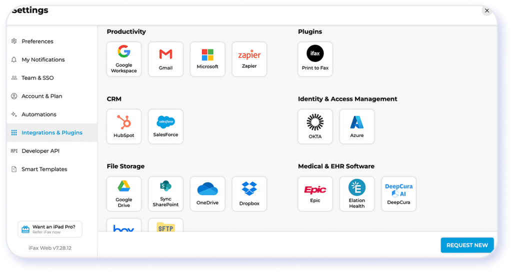 iFax screenshot showing integrations