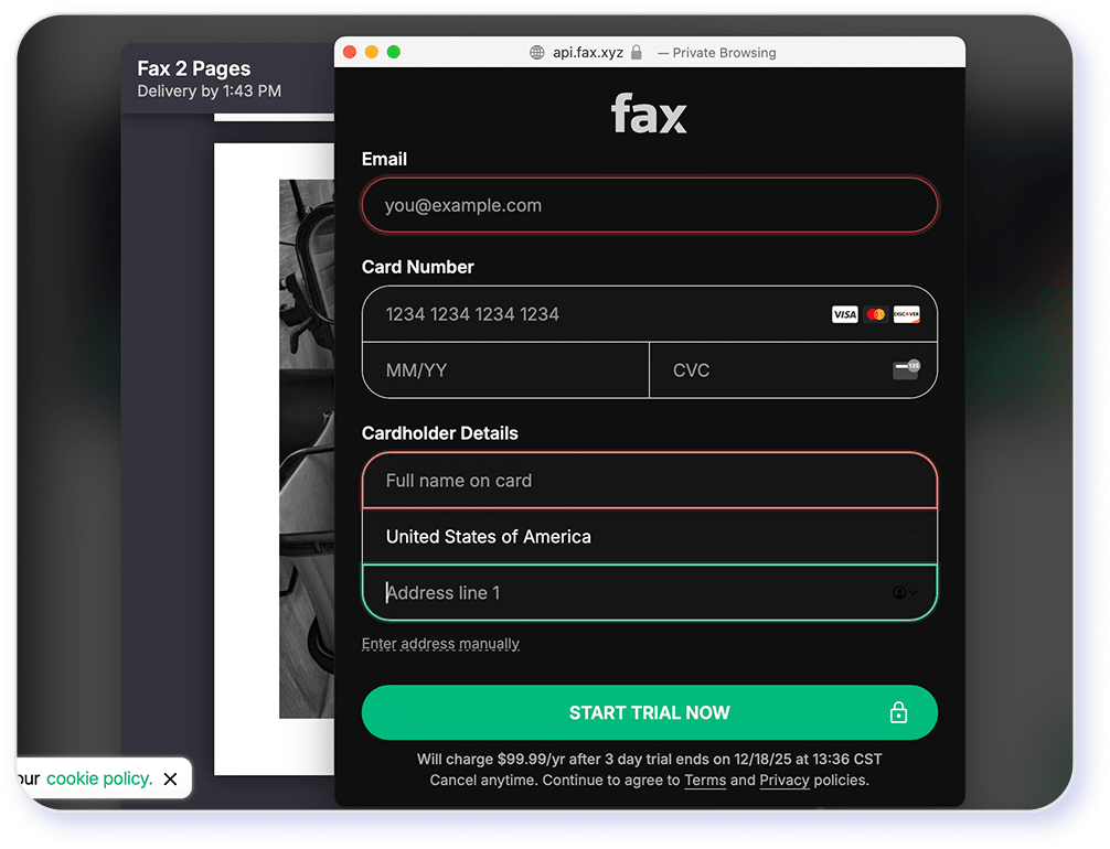 ifax screenshot of payment screen during signup