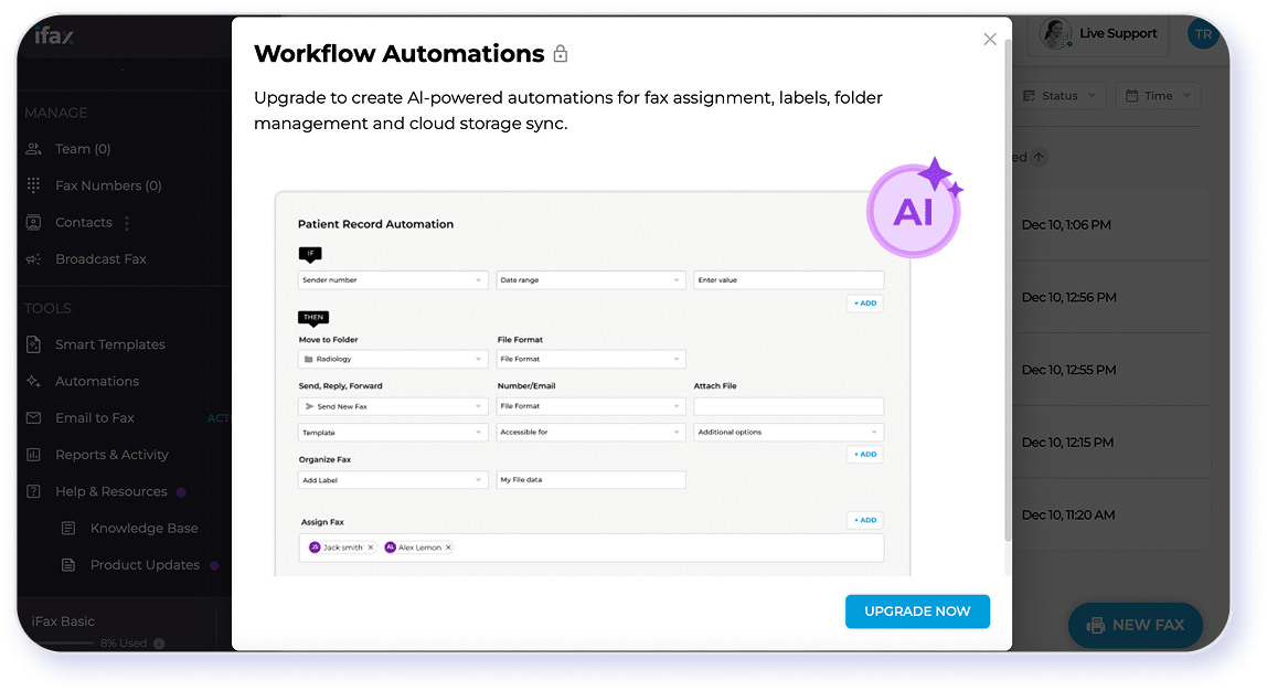 ifax screenshot of workflow automations